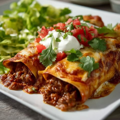 A plate of food with a beef enchilada and a salad.