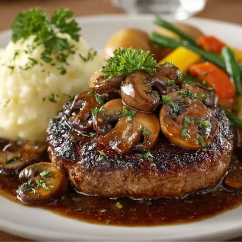 A plate of food with meat and mushrooms.