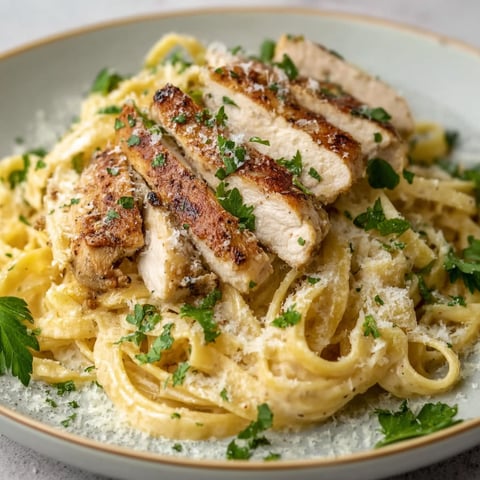A plate of pasta with chicken and garlic butter.