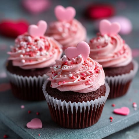 Three cupcakes with hearts on top.