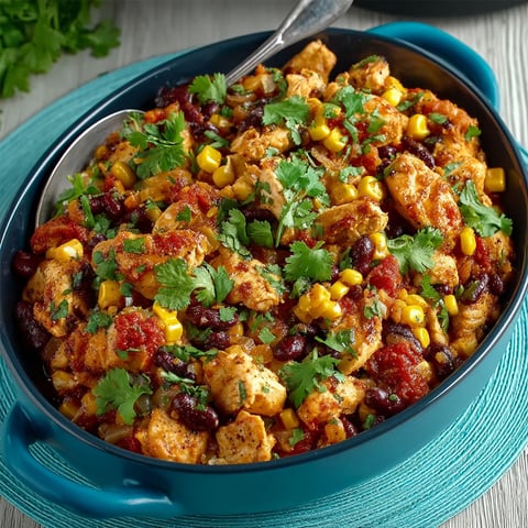 A bowl of Mexican chicken with corn and beans.