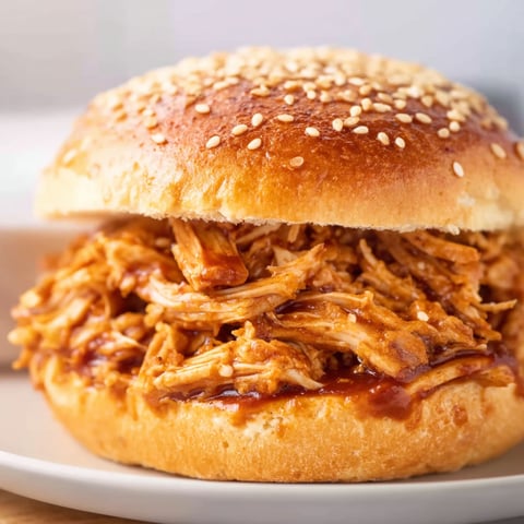 A BBQ chicken sandwich with a bun and sauce.