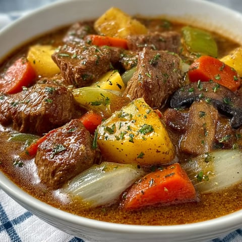 A bowl of beef and vegetable stew.
