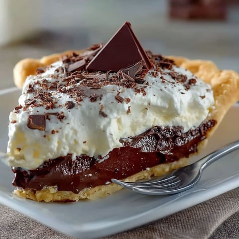 A slice of chocolate pie with white whipped cream on top.