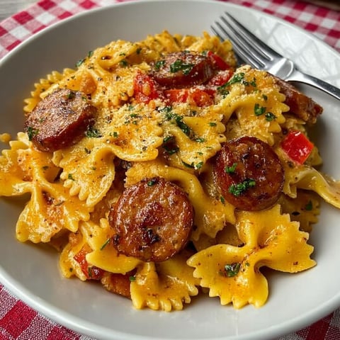A plate of pasta with sausage and tomatoes.