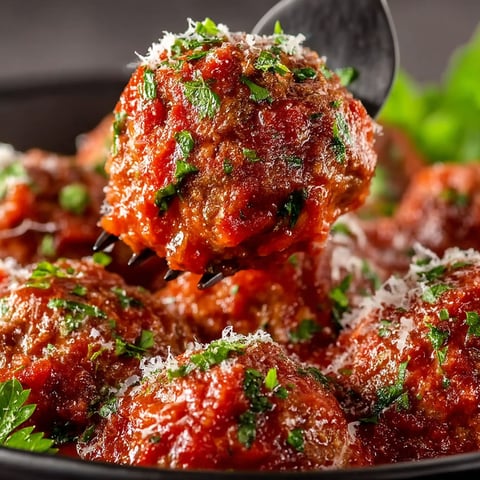A bowl of meatballs with sauce and cheese on top.