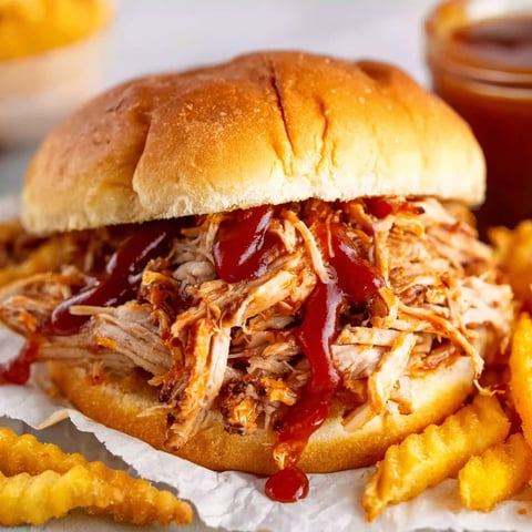 A sandwich with pulled pork and ketchup.